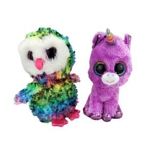Ty Plush Beanie Boos Stuffed Bean Filled Unicorn Rosette & Owen Owl Bundle of 2